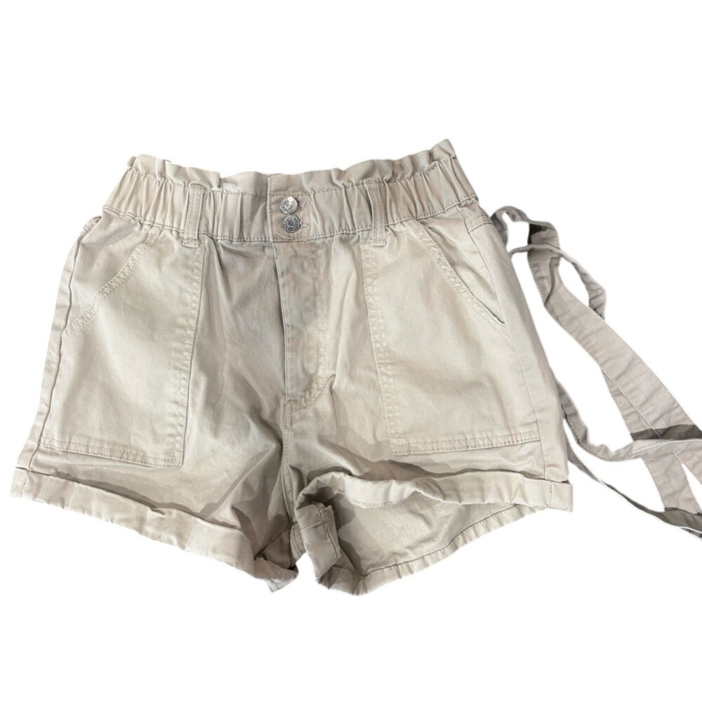 Refuge High Rise Paperbag Waist Shorts Khaki Tan Medium Belted Cuffed Utility
